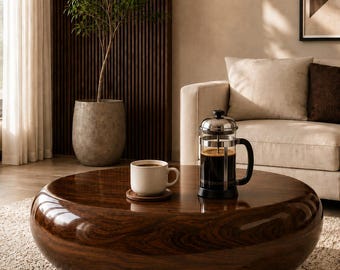 Solid Round Coffee Table, Luxury Wood, Modern Living Room Furniture