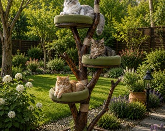 Handmade Natural Wood Cat Tree, Multi-Level Tower for Cats