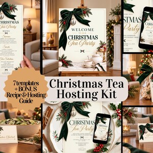 May include: A Christmas tea party hosting kit featuring seven templates, including a menu, welcome sign, invitation, thank you tag, and place cards. Each piece displays a dark green velvet bow, holly, and a silver ornament on cream paper.