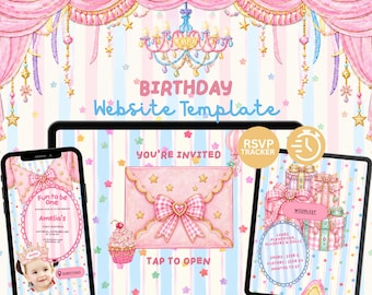 May include: A digital birthday website template featuring pink curtains, a chandelier, and pastel striped backgrounds. The interface displays text including BIRTHDAY Website Template, YOU'RE INVITED, TAP TO OPEN, and RSVP TRACKER, alongside illustrations of a pink envelope with a bow, a cupcake, and gift boxes.