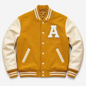 May include: A mustard yellow varsity jacket featuring cream-colored sleeves, a white letter A patch on the chest, and a snap-button front closure. The garment includes ribbed cuffs and a hem with white stripes, plus two side pockets with cream trim.
