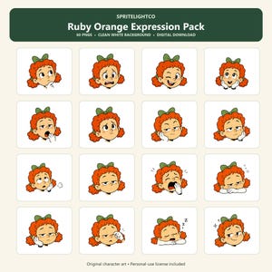 May include: A digital download pack titled Ruby Orange Expression Pack containing 60 PNG files of a cartoon character with curly red hair and a green bow, displaying various facial expressions and emotions on a clean white background.