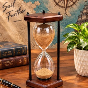 May include: A hexagonal hourglass featuring a dark brown wooden base and top, connected by three black metal pillars. The clear glass bulb contains fine golden sand, with a portion currently flowing from the top chamber into the bottom chamber.