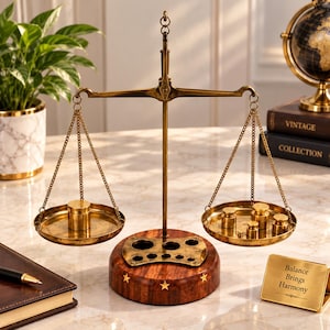 Könnte beinhalten: Eine Messing-Balkenwaage mit zwei hängenden Waagschalen, die an Ketten an einem zentralen Balken befestigt sind. Der Sockel besteht aus dunklem Holz mit eingelegten goldenen Sternen und einer Metallplatte mit kreisförmigen Aussparungen.