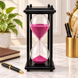 Pode incluir: Uma ampulheta retangular com uma moldura de madeira preta, quatro pilares verticais e uma base plana. O bulbo de vidro transparente contém areia magenta vibrante, com um fino fluxo de areia escorrendo da câmara superior para a inferior.