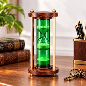 Puede incluir: Un reloj de arena con un cilindro de vidrio verde lleno de arena verde vibrante, sostenido entre dos bases circulares de madera con veteado marrón oscuro y apoyado por cuatro pilares metálicos delgados de tono dorado.