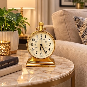May include: A gold-toned metal table clock with a round face and a square base. The clock features a cream-colored dial with black numerals for both 12-hour and 24-hour time formats, along with a minute track. It has a top handle and black hands.