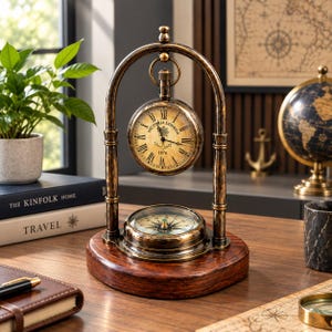 Puede incluir: Un conjunto de reloj de escritorio y brújula de estilo vintage con una esfera circular suspendida dentro de un arco de metal color bronce sobre una base de madera redonda. La esfera muestra números romanos, el texto Victoria London 1876 y un ancla.
