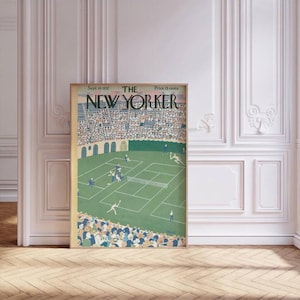 Könnte beinhalten: Ein gerahmter Magazin-Cover-Druck mit dem Titel The New Yorker, datiert vom 10. September 1932, Preis 15 Cent. Die Illustration zeigt eine Draufsicht auf einen grünen Tennisplatz mit Spielern in Weiß, umgeben von einer großen Zuschauermenge.