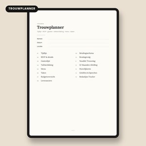Op de afbeelding: Een digitale trouwplanner-pagina met een zwarte rand en witte achtergrond. De koptekst luidt Trouwplanner. Het bevat velden voor namen, datum en locatie, gevolgd door een genummerde lijst van zestien secties, waaronder tijdlijn, gastenlijst, menu en budget.