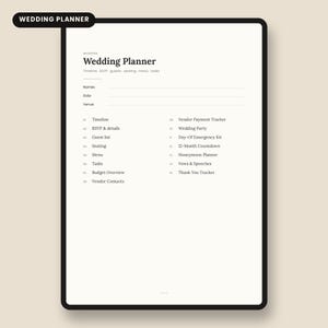 Op de afbeelding: Een digitale trouwplanner-pagina met een zwarte rand en een crèmekleurige achtergrond. De tekst luidt Wedding Planner, gevolgd door velden voor namen, datum en locatie. Het bevat zestien secties, waaronder tijdlijn, gastenlijst en budget.
