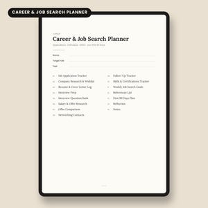 Op de afbeelding: Een Career & Job Search Planner pagina met een zwarte rand. De tekst bevat Career & Job Search Planner, Applications, Interviews, Offers, your first 90 days, Name, Target role, Year en een genummerde lijst met zestien secties.
