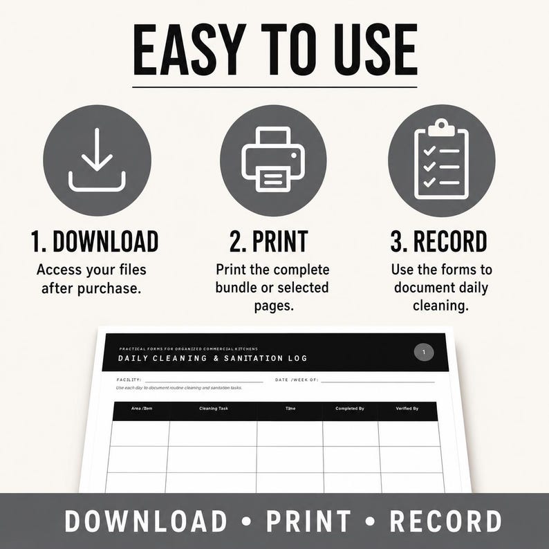Sample Check Print Form Commercial Kitchen Cleaning Sanitation Log Bundle 24 Printable Food ...