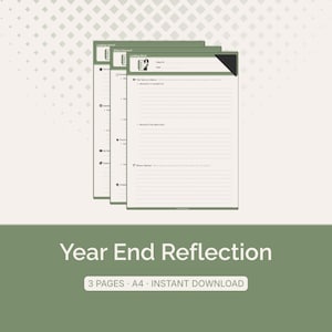 Puede incluir: Un conjunto de tres páginas imprimibles de tamaño A4 para la reflexión de fin de año, con bordes y encabezados en color verde salvia. Los documentos incluyen secciones tituladas Looking Back, What Changed y Looking Ahead, con líneas.