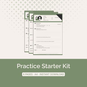May include: A set of three stacked paper forms with sage green headers and black text. The top form is titled Client Intake Form and includes fields for personal information, referral details, presenting concerns, and a brief medical history section.