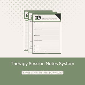 Puede incluir: Un conjunto de tres páginas de notas de sesión de terapia A4 en verde salvia y blanco. La página superior incluye campos para ID de cliente, fecha, número de sesión, duración y tipo de sesión, seguidos de secciones para preocupaciones y temas.