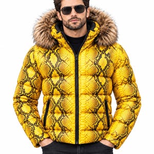 Men's Yellow Snakeskin Puffer Jacket | Faux Fur Hood Winter Coat | Python Print Bubble Coat | Streetwear Puffer | Bold Statement Outerwear