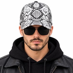 Boné de beisebol de couro com estampa de cobra branca, boné de pele de cobra preta e branca, chapéu de couro masculino, boné estilo western streetwear, boné de motociclista ajustável