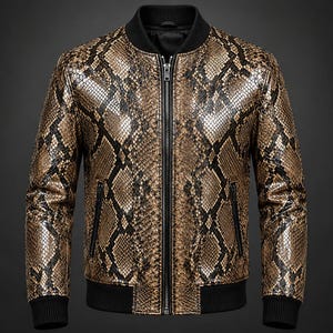 Men's Gold Python Snake Print Leather Jacket – Bomber Style Metallic Snakeskin Bomber Jacket, Full Zip Biker Jacket