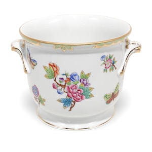 Herend Porcelain Large Cachepot - Queen Victoria Pattern - Hand Painted Floral Motifs Planter