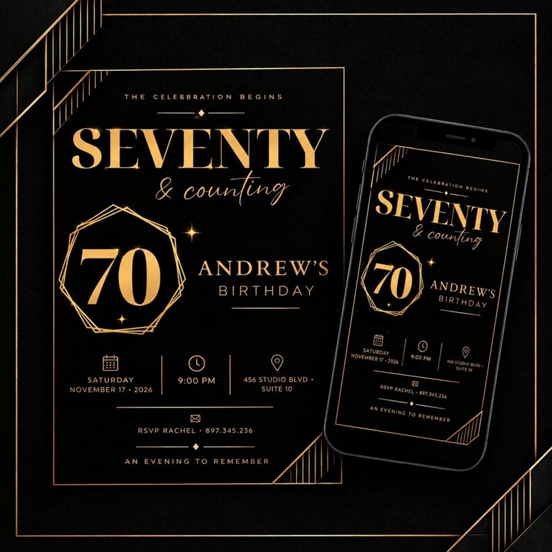 Black and Gold 70th Birthday Invitation Template - "seventy & Counting ...