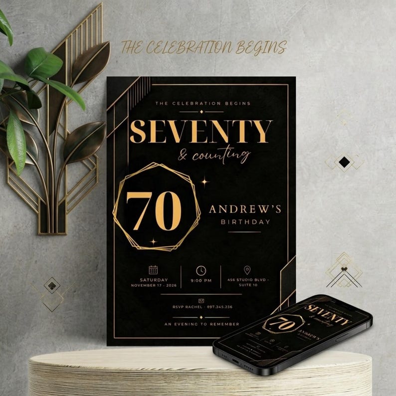 Black and Gold 70th Birthday Invitation Template - "seventy & Counting ...