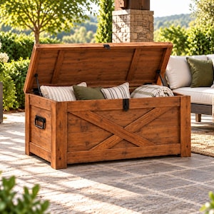 Può includere: Un baule rettangolare in legno con coperchio incernierato, caratterizzato da una finitura con venature del legno marrone, un design a croce sul pannello frontale, maniglie laterali in metallo nero e una chiusura centrale, contenente vari cuscini.