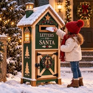 May include: A green and tan wooden mailbox shaped like a small house with a snow-covered roof, featuring the text 'LETTERS FOR SANTA' in gold lettering, a small wreath on the door, and illuminated windows, standing in a snowy outdoor setting.