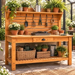 Peut inclure: Un établi de jardinage en bois avec un panneau arrière à lattes doté de cinq crochets noirs supportant des outils. L'établi comprend une étagère supérieure, un tiroir central avec une poignée sombre et une étagère inférieure avec un panier.
