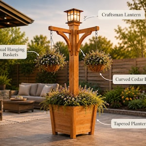 Puede incluir: Un soporte de madera para plantas de exterior con base cónica, un poste central con refuerzos de cedro curvados y una linterna artesanal en la parte superior. Dos cestas colgantes cuelgan de los brazos, llenas de follaje verde.