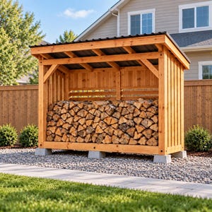 May include: A rectangular wooden firewood storage shed with a slanted black metal roof. The structure features vertical wooden slats on the sides and back, supported by four concrete blocks at the base, and is filled with stacked split logs.