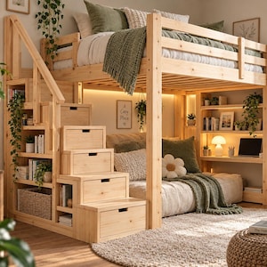 Plano en PDF para construir una cama alta de tamaño completo: Estantes integrados en la escalera, ideal para principiantes.