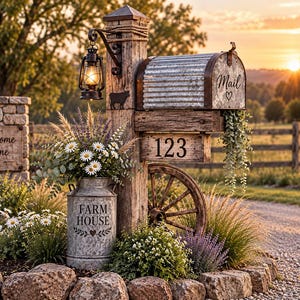 May include: A rustic wooden mailbox post featuring a corrugated metal mailbox labelled Mail with a heart, a lantern, and a wooden sign with the number 123. A galvanised metal milk can labelled Farm House sits below with daisies and greenery.
