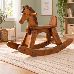 May include: A wooden rocking horse with a dark brown mane and saddle area, featuring a smooth, polished finish. The horse has a simple, sturdy construction with curved rockers, a seat, and a handle for gripping, showcasing natural wood grain.