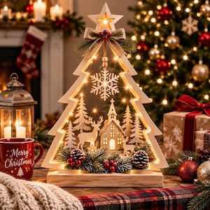 Op de afbeelding: Een kerstboomdecoratie van lichtgekleurd hout met een uitgesneden ontwerp van een kerk, herten en dennenbomen. Het stuk is verlicht met warme ledlampjes, bekroond met een ster en een strik van jute, en versierd met dennentakken en dennenappels.