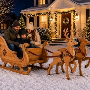 May include: A wooden sleigh with a snowflake cutout on the side, pulled by two wooden reindeer figures with leather harnesses. The sleigh is designed for seating and features curved runners, while the reindeer are depicted in a standing pose.