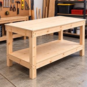 Puede incluir: Un banco de trabajo rectangular de madera con un acabado de veta natural en tono bronceado claro. La estructura consta de una superficie superior plana sostenida por cuatro patas verticales resistentes e incluye un estante inferior para almacenamiento.