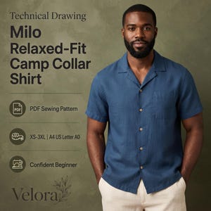 May include: A blue short-sleeved camp collar shirt with a button-down front and a chest pocket. Text reads: Technical Drawing, Milo Relaxed-Fit Camp Collar Shirt, PDF Sewing Pattern, XS-3XL | A4 US Letter A0, Confident Beginner, and Velora.