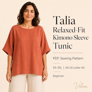 May include: A rust-colored relaxed-fit tunic with kimono sleeves and a chest pocket. The text reads: Talia Relaxed-Fit Kimono Sleeve Tunic, PDF Sewing Pattern, XS-3XL | A4 US Letter A0, Beginner, Velona. The garment features side slits at the hem.