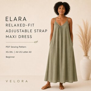 Könnte beinhalten: Ein salbeigrünes Maxikleid mit verstellbaren Trägern und lockerer Passform. Der Text lautet: ELARA RELAXED-FIT ADJUSTABLE STRAP MAXI DRESS, PDF Sewing Pattern, XS-3XL | A4 US Letter A0, Beginner, VELORA. Das Kleid hat einen V-Ausschnitt und Taschen.
