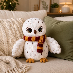 Pode incluir: Um peluche de coruja em croché branco com olhos escuros grandes e um bico pequeno castanho. A coruja apresenta detalhes cosidos em castanho no corpo e usa um cachecol às riscas em vermelho escuro e amarelo mostarda com asas texturadas.