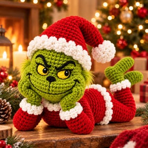 Puede incluir: Un muñeco de personaje tejido a ganchillo en color verde con ojos amarillos y expresión traviesa, que lleva un gorro de Papá Noel rojo y blanco y un conjunto a juego de manga larga con puños blancos, tumbado boca abajo.