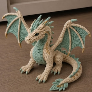 May include: A crocheted dragon figurine featuring a cream-colored body with mint green accents on the wings, chest, and back spikes. The creature has a long tail, sharp claws, and detailed stitching throughout its form, standing in a poised position.
