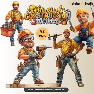 May include: A digital collection of 42 PNG images featuring cartoon construction workers wearing hard hats, denim overalls, and yellow shirts. The characters hold tools like hammers, drills, and toolboxes. The text reads Whimsical Construction Worker.