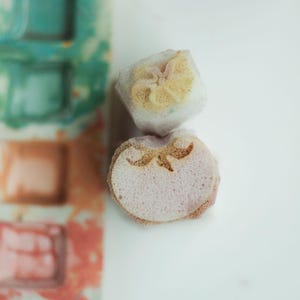 Pode incluir: Dois pequenos carimbos de espuma porosa de cor clara com desenhos esculpidos. O carimbo superior apresenta um padrão de flor amarelo-pálido, enquanto o carimbo inferior exibe uma forma botânica castanha semelhante a uma folha. Ambos têm textura.