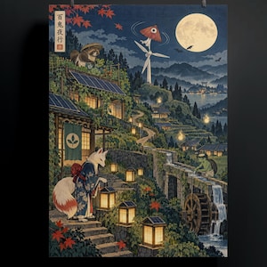 May include: A vertical art print depicting a nighttime scene with a fox-like figure in a blue patterned kimono holding a lantern on stone steps. The landscape features traditional houses, a water wheel, a full moon, and a wind turbine with an umbrella.