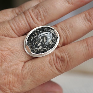 Puede incluir: Un anillo de plata con una piedra ovalada negra y blanca engastada en un engaste de bisel.