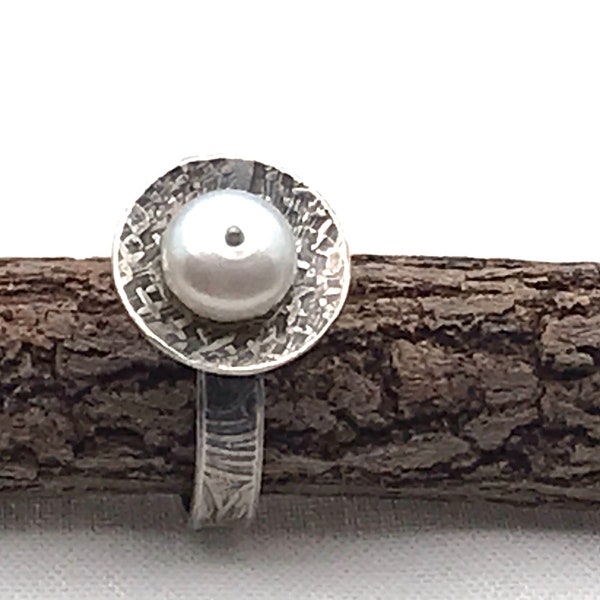 Rustic sterling pearl ring, size 7, OOAK, ready to ship