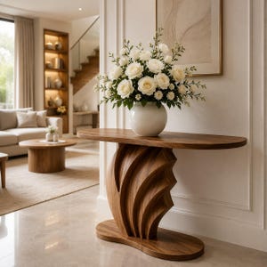 May include: A wooden console table with a curved, layered base and an oval top, supporting a white ceramic vase filled with a bouquet of white roses and small white flowers. The table features a natural wood grain finish and a sculptural design.