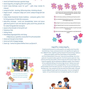 May include: A Girl Scout Daisies troop meeting guide for the Honest and Fair Petal and Art and Design badge. The document includes a meeting agenda, activity instructions, a snack bead necklace tutorial, and an explanation of equality versus equity.